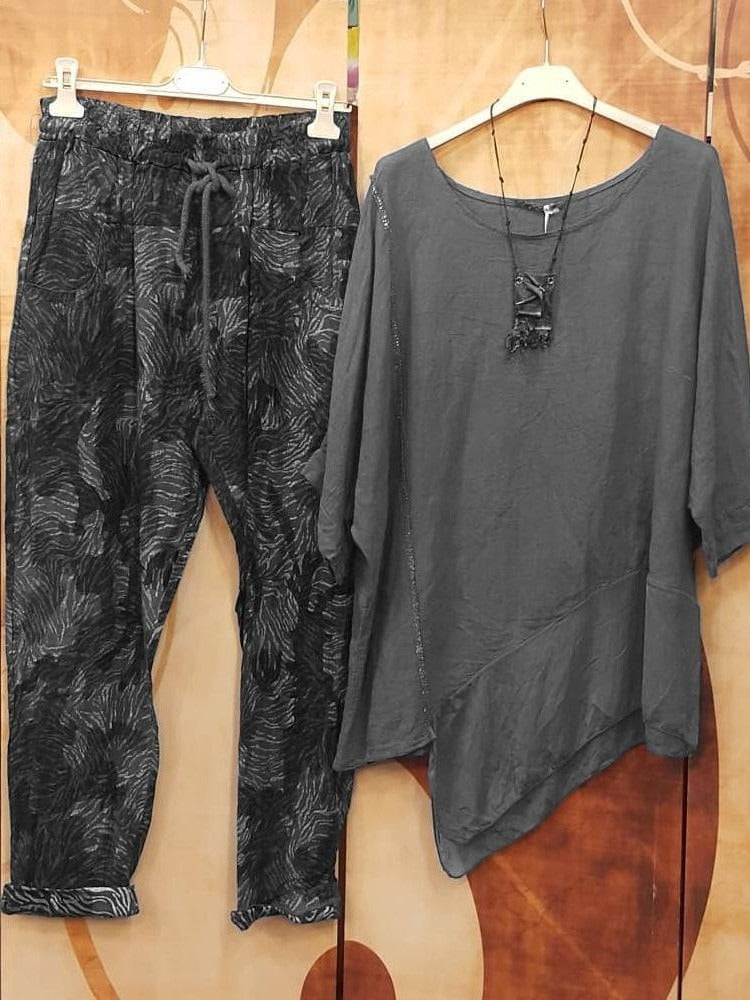 Abstract Print Irregular Hem Half Sleeves Two Piece Set