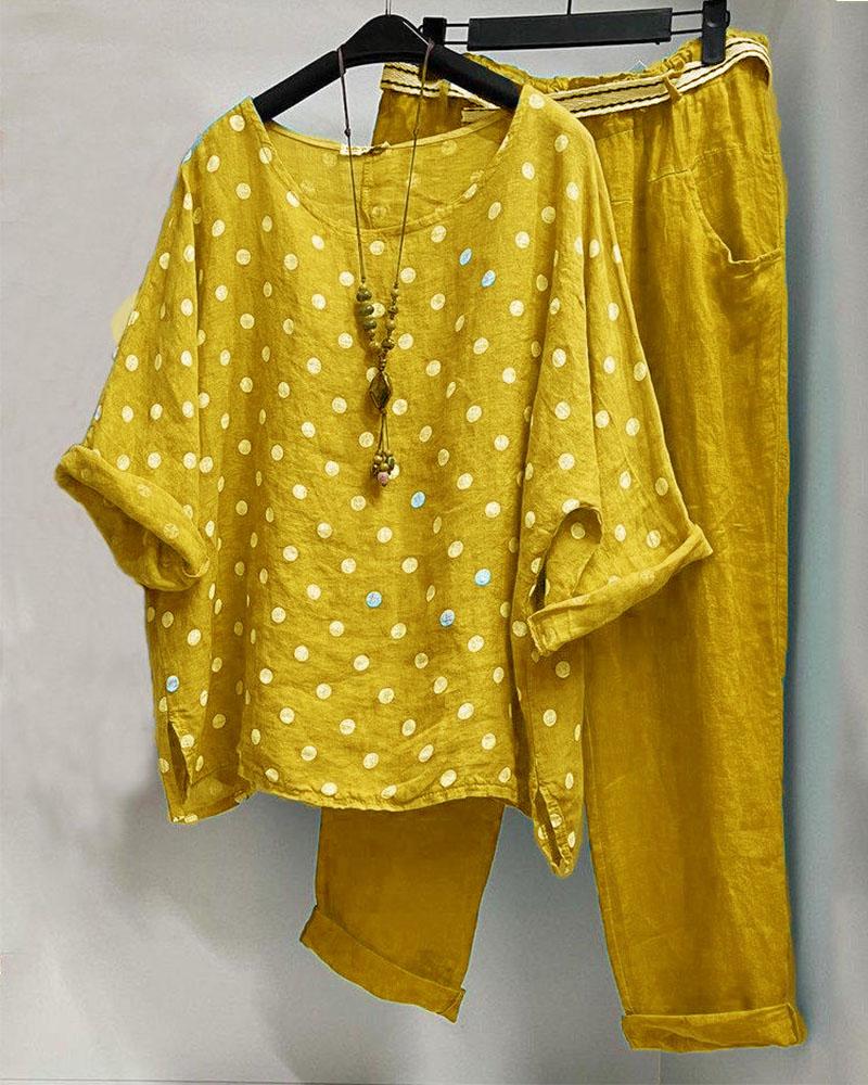 Polka Dot Print Casual Half Sleeves Two Piece Suit
