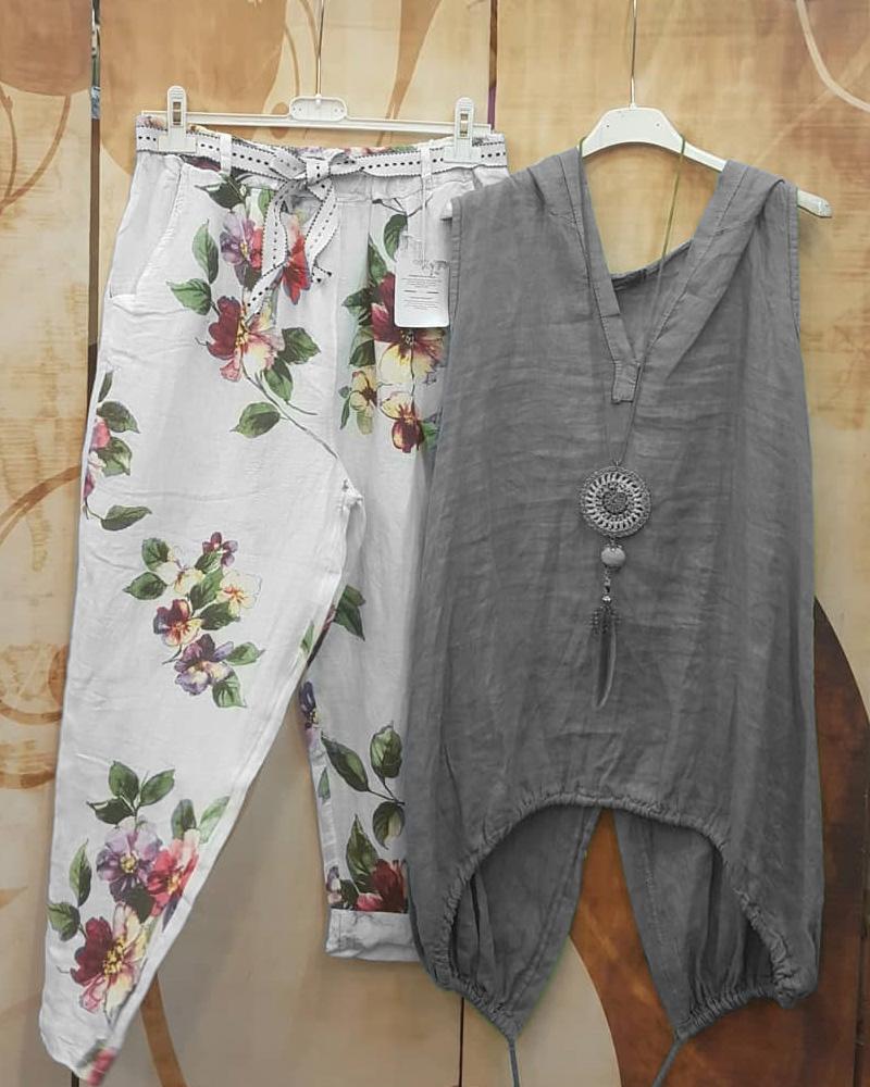 Floral Print Casual Sleeveless Two Piece Suit