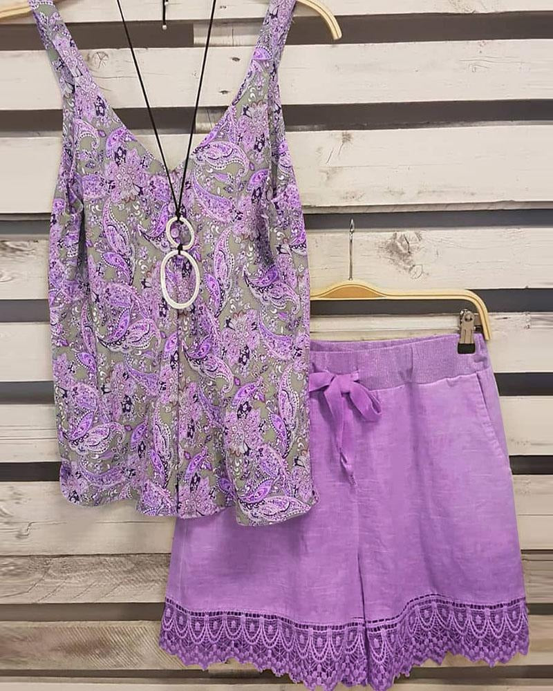 Floral Print V-neck Sleeveless Two Piece Suit