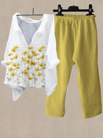 Women's Yellow Flower Print Shirt Collar Top And Casual Pants Linen Two Pieces