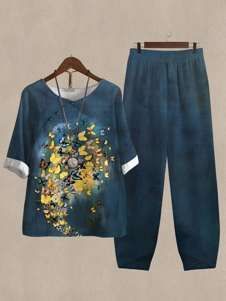 Linen Casual Women's Color Butterfly Print Two Pieces Set