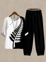 Linen Casual Women's Color Block Leaf Print Two Pieces Set