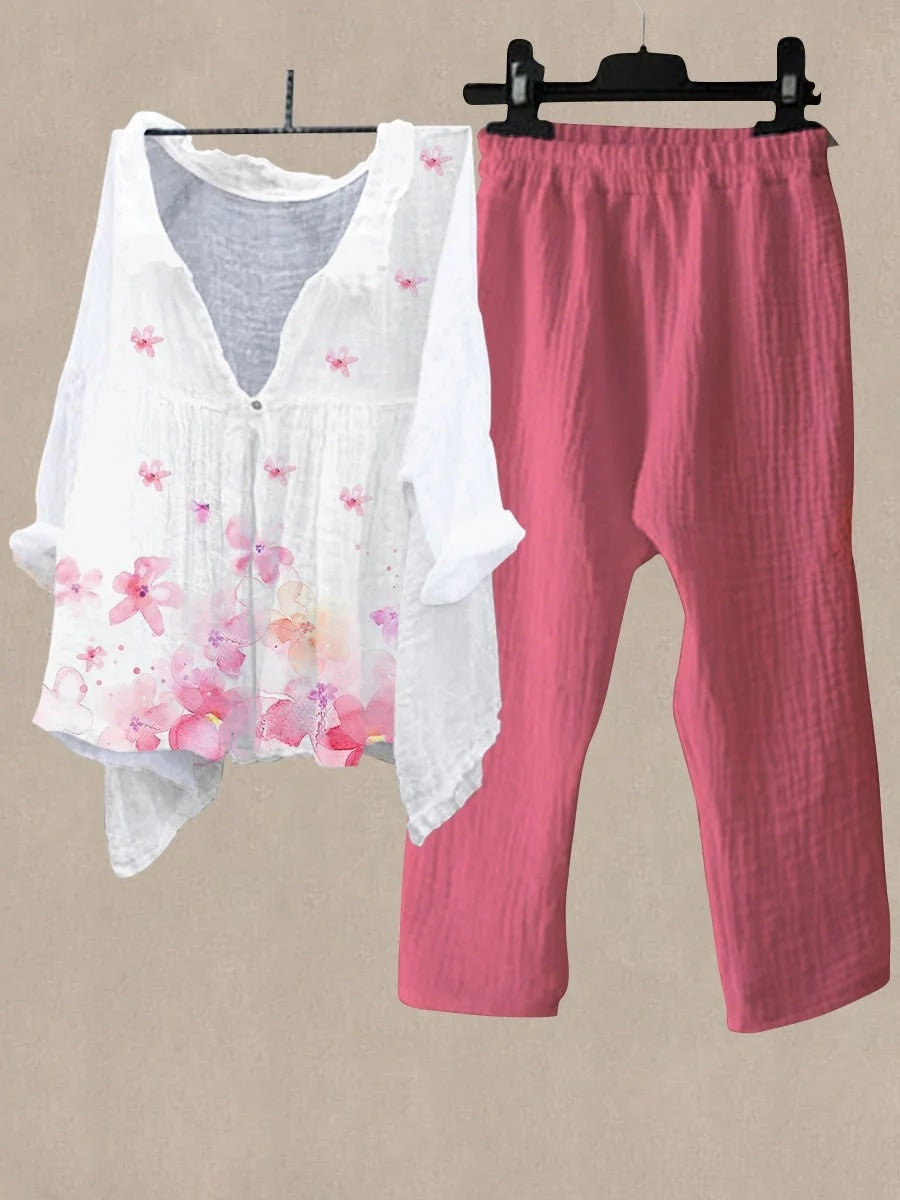 Women's Floral Print Shirt Collar Top And Casual Pants Linen Two Pieces