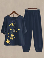 Hot Stamped Butterfly Print Casual Two Piece Set