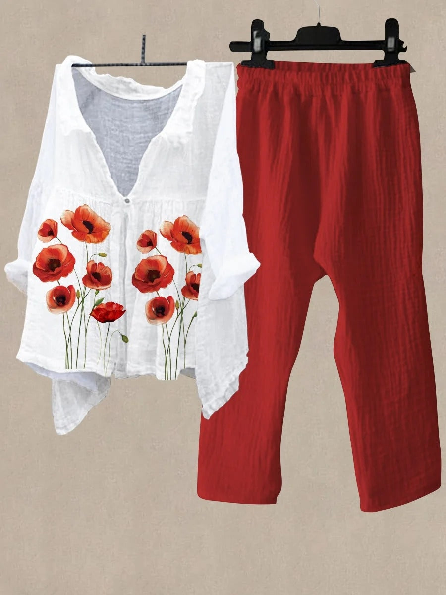 Women's Red Floral Print Shirt Collar Top And Casual Pants Linen Two Pieces