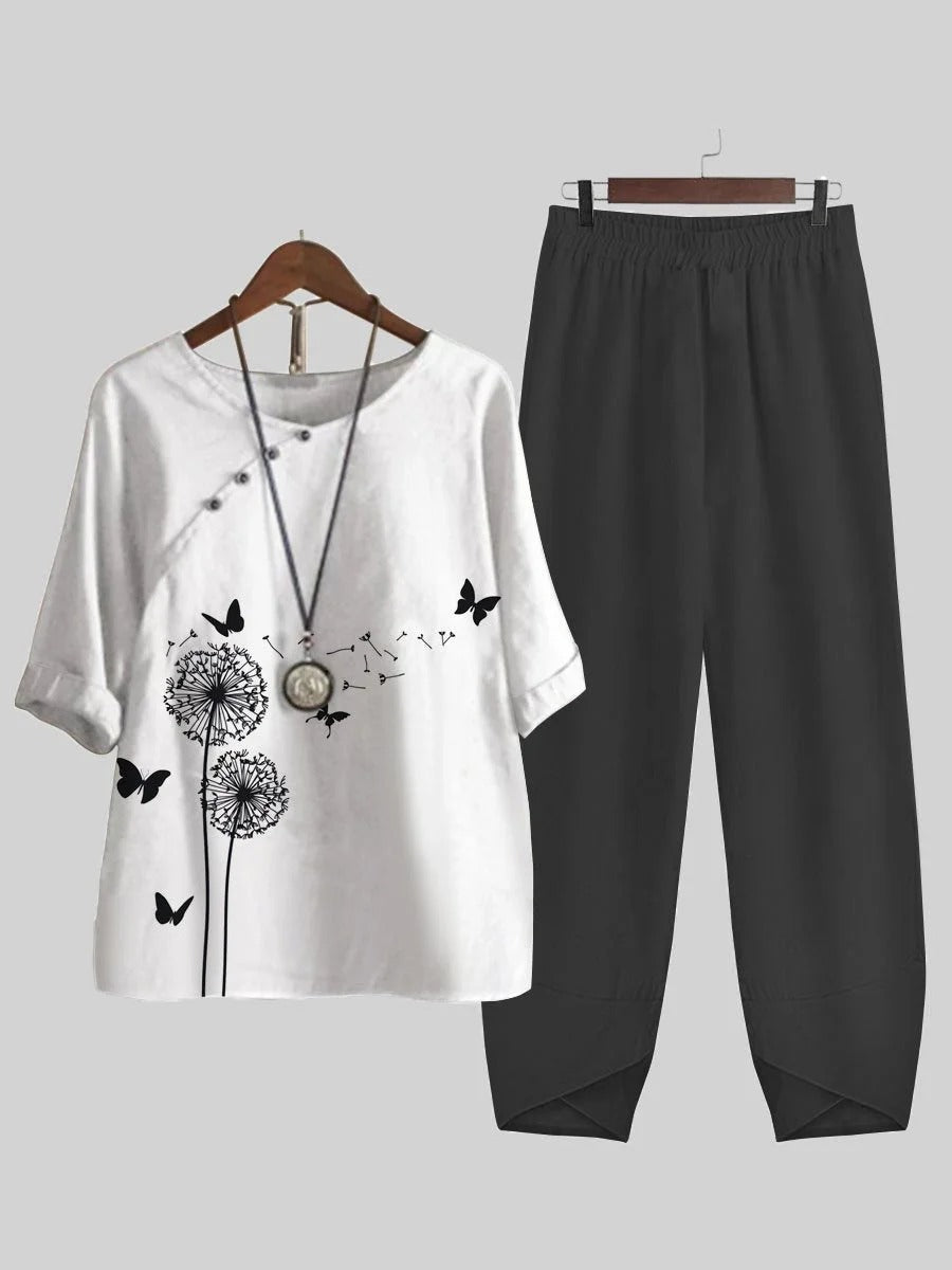 Dandelion Butterfly Print Top And Pants Two-piece Suits