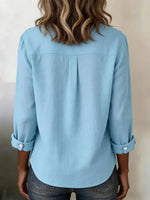 Solid Color Soft Blue Long Sleeve Button Up Blouse