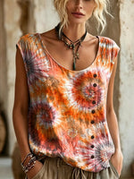 Women's Tie-Dye Sunburst Print Button Detail Sleeveless Top