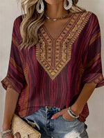 Retro Ethnic Striped Casual V-neck 3/4 Sleeve T-shirt