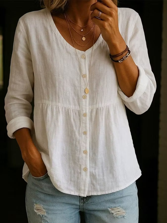 Women's Casual Solid Color V-Neck Long Sleeve Cotton and Linen Button Top