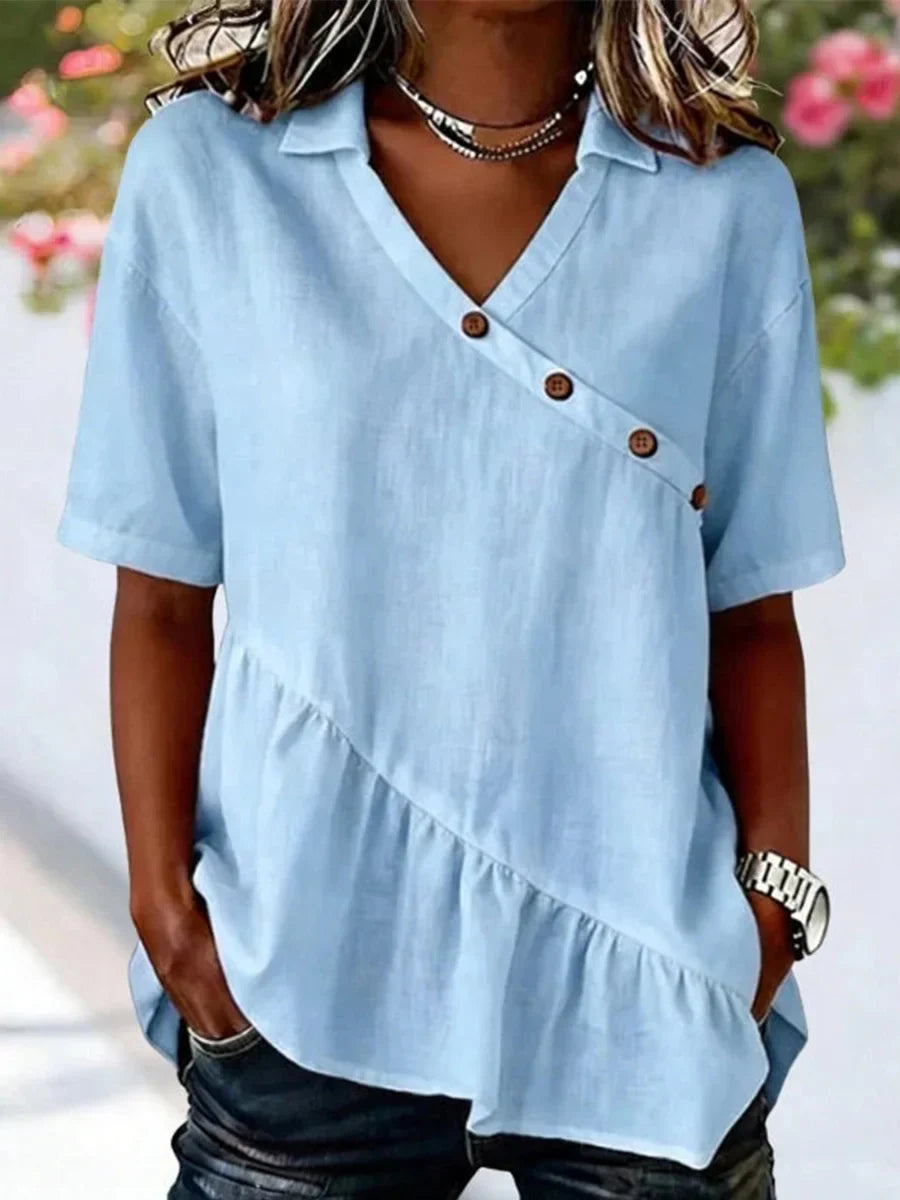 Casual Solid Colour Short Sleeve V Neck Blouse