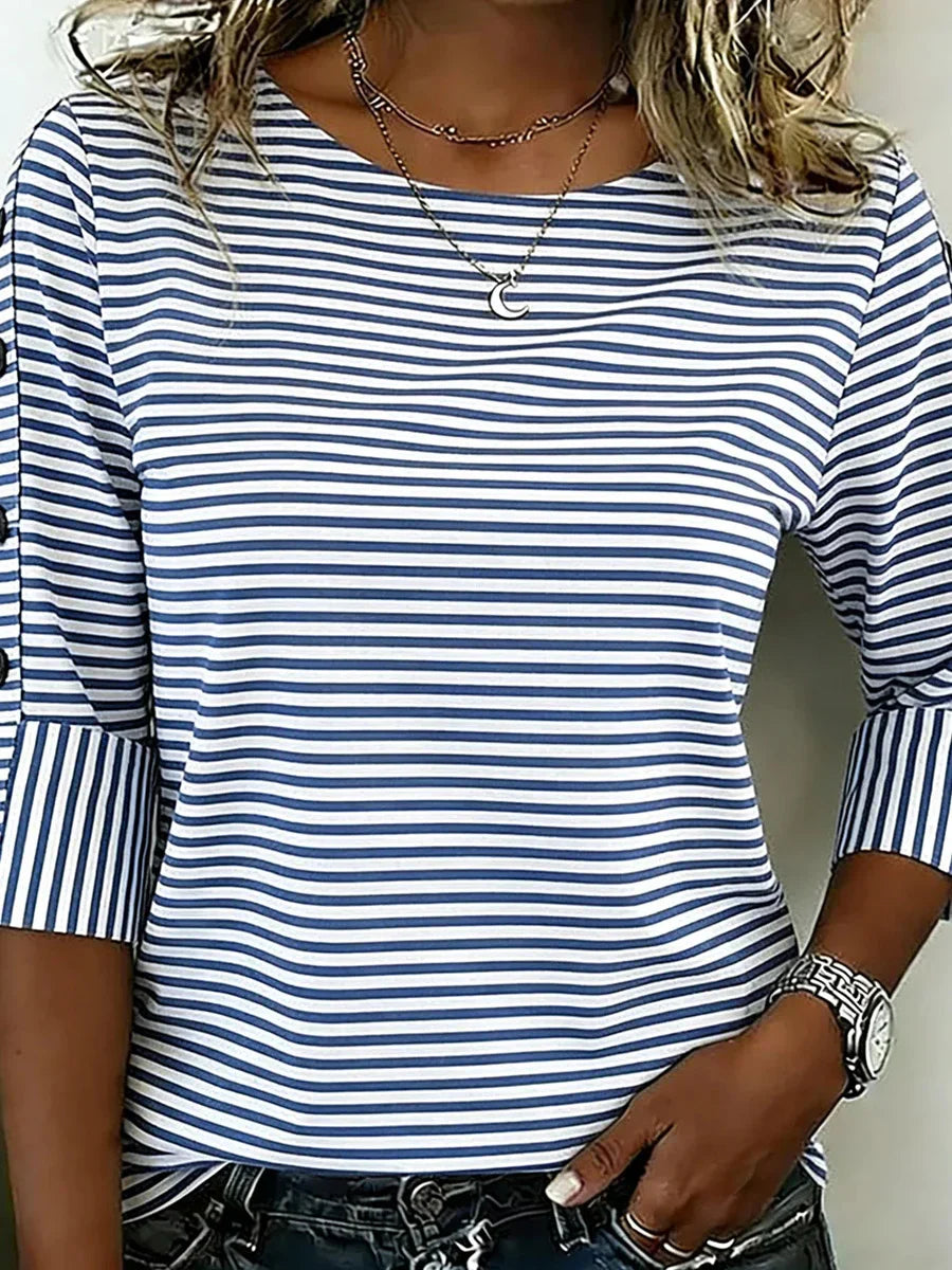 Nautical Striped Round Neck 3/4 Sleeve Blouse