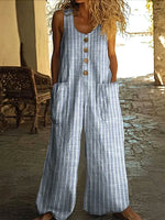 Striped Sleeveless Button-Front Wide Leg Jumpsuit with Pockets