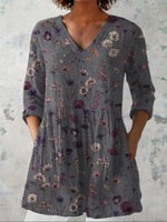 Women's Flowers Art Print Casual Linen V-neck Shirt