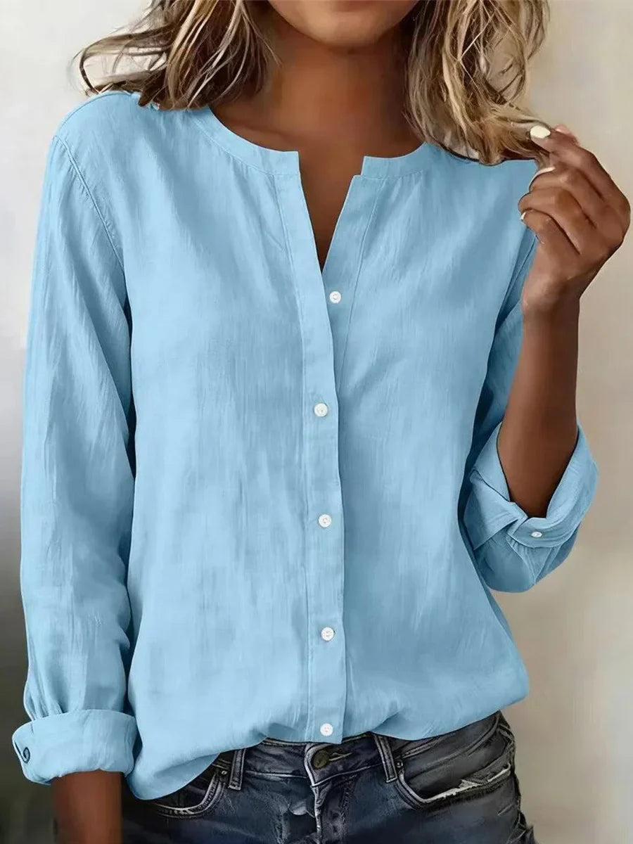 Solid Color Soft Blue Long Sleeve Button Up Blouse