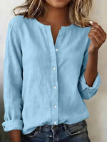 Solid Color Soft Blue Long Sleeve Button Up Blouse