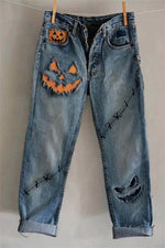 Women's Halloween Blue Pumpkin Print Mid Waist Ankle Length Pants
