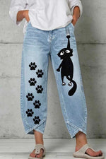 Women's Light Blue Cat Paw Print Mid Waist Cropped Pants