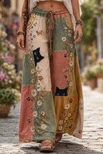 Women's Multi Cat Floral Patchwork Elastic Waist Maxi Pants