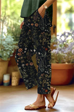 Women's Black Floral Elastic Waist Midi Pants