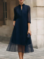 Chiffon Blue Plain 3/4 Sleeve Midi Dress