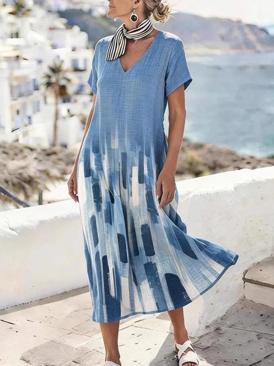 Ombre Print V-Neck Short Sleeve Midi Dress