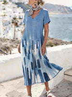 Ombre Print V-Neck Short Sleeve Midi Dress