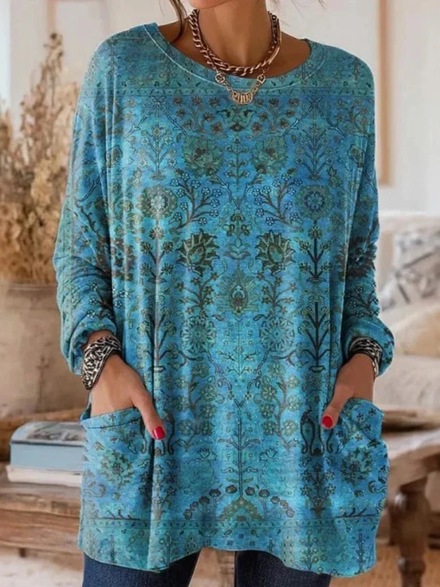 Vintage Daily Round Neck Long Sleeve Blouse