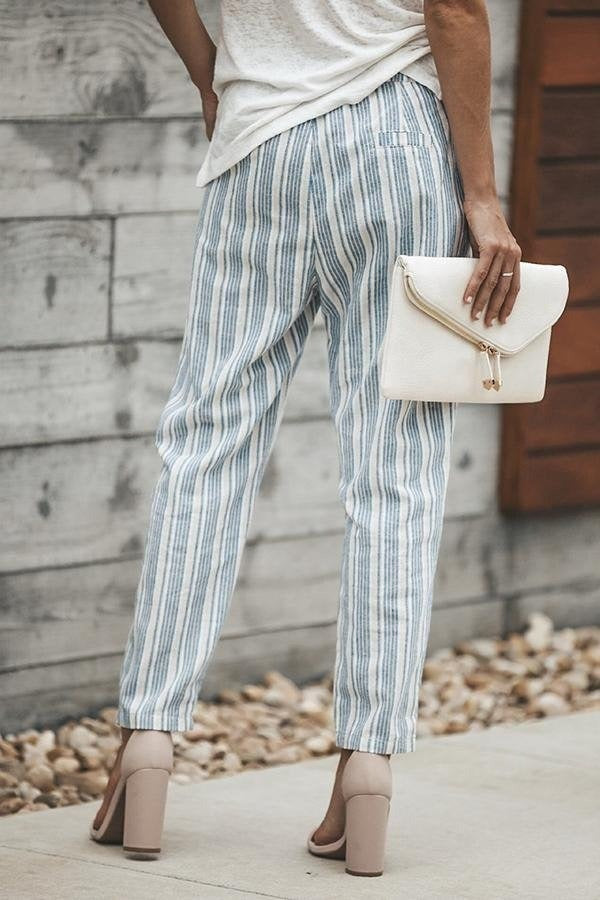 Stripe Print Casual with Pockets Elastic Waist Pants