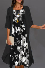 Crew Neck Half Sleeve Floral Two Piece Jacket Midi Dress