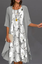 Crew Neck Half Sleeve Floral Two Piece Jacket Midi Dress