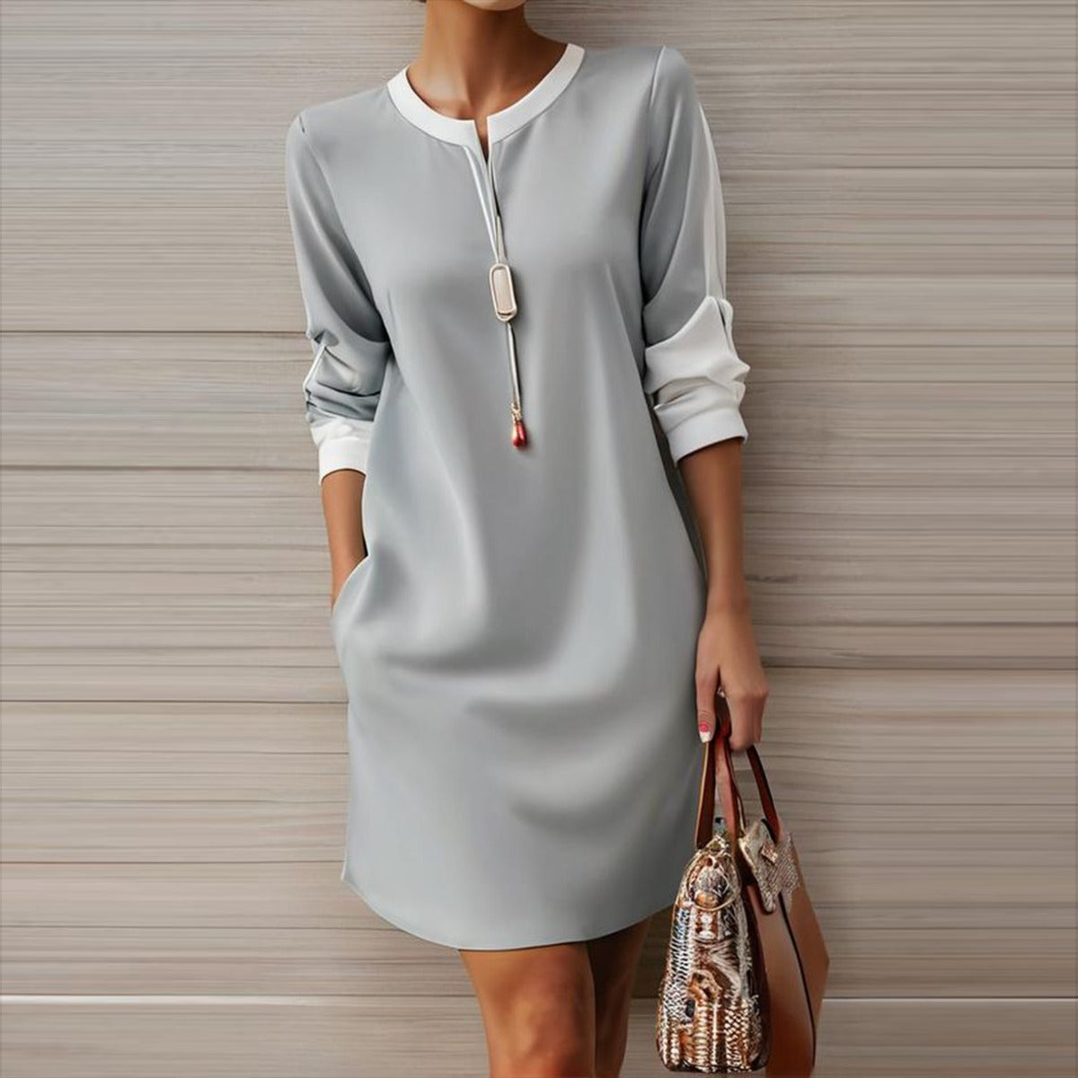 Simple Round Neck Color Block Mini Dress
