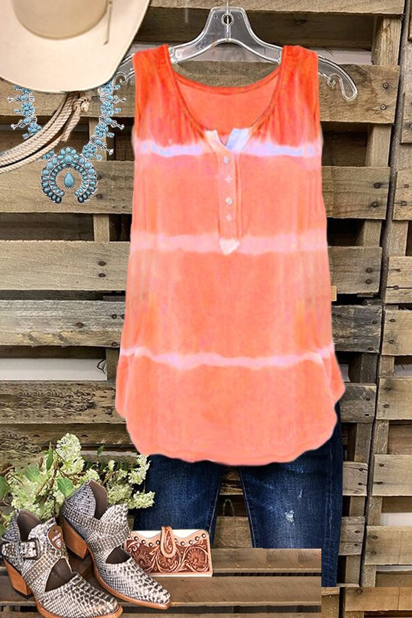 Tie-dye Crew Neck Sleeveless Button Casual Tank Top