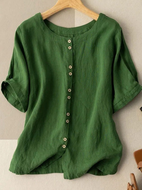 Solid Color Crew Neck Buttons Stand Collar Casual Blouse