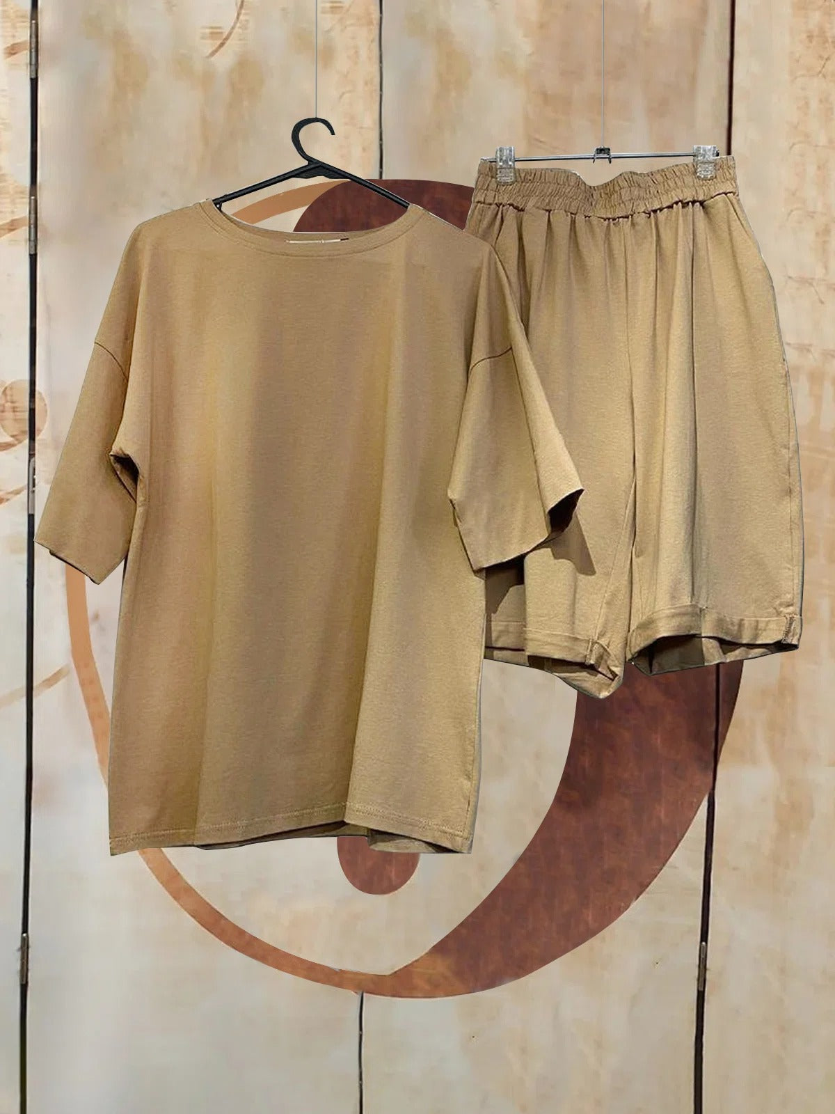 Khaki Crew Neck Short Sleeve Loose Blouse and Elastic Waist Shorts Casual Two Piece Set