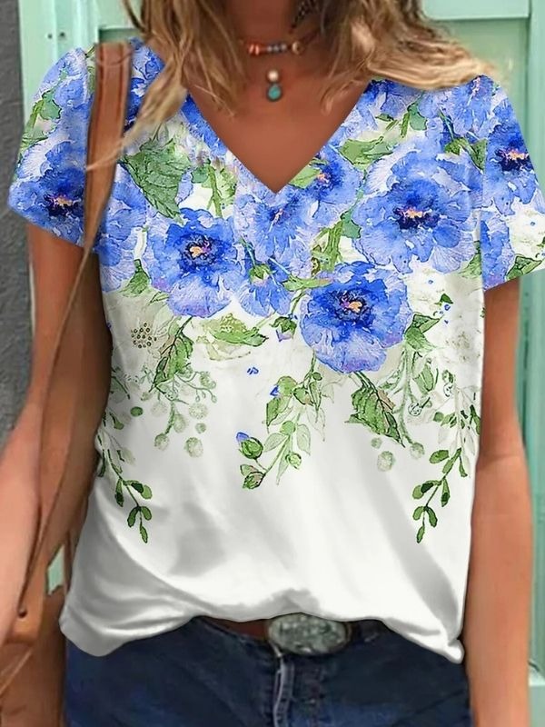 Blue Floral Print Short Sleeve V Neck Loose Daily T-Shirt
