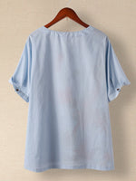 Floral Print Buttons Crew Neck Short Sleeve Casual Daily Blouse