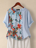 Floral Print Buttons Crew Neck Short Sleeve Casual Daily Blouse