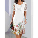 Lace Print Round Neck Short Sleeve Midi Dress
