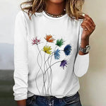 White Floral Print Crew Neck Long Sleeve Casual Comfy Blouse