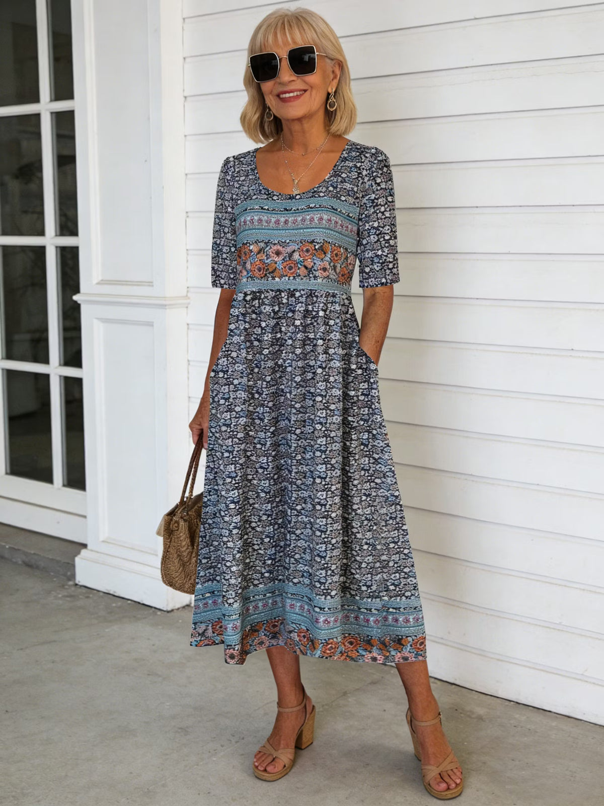 Dark Base Multicolor Floral Print V Neck Half Sleeve Smocked Waist Midi Tunic Dress With Pockets