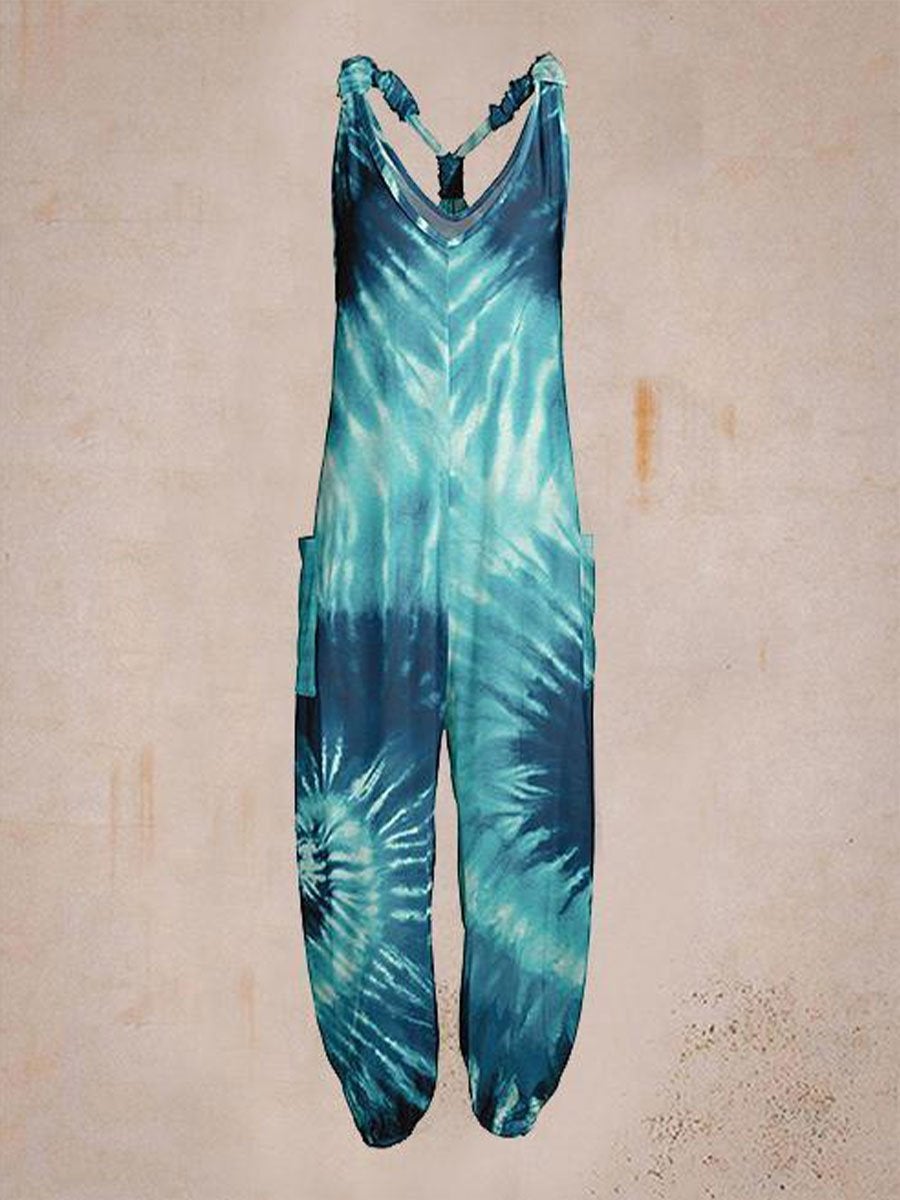 Blue Flower Print Sleeveless Harem Jumpsuit