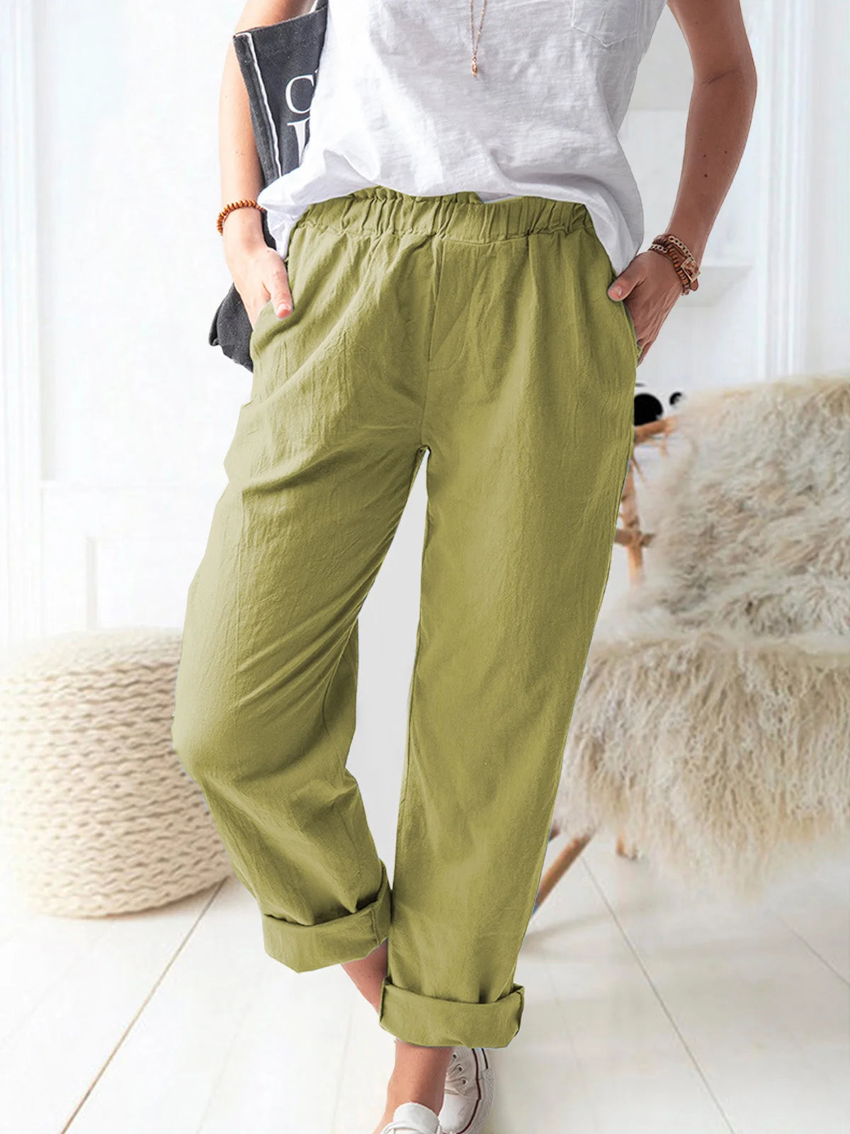 Elastic Waist Cotton Linen Loose Turnip Pants