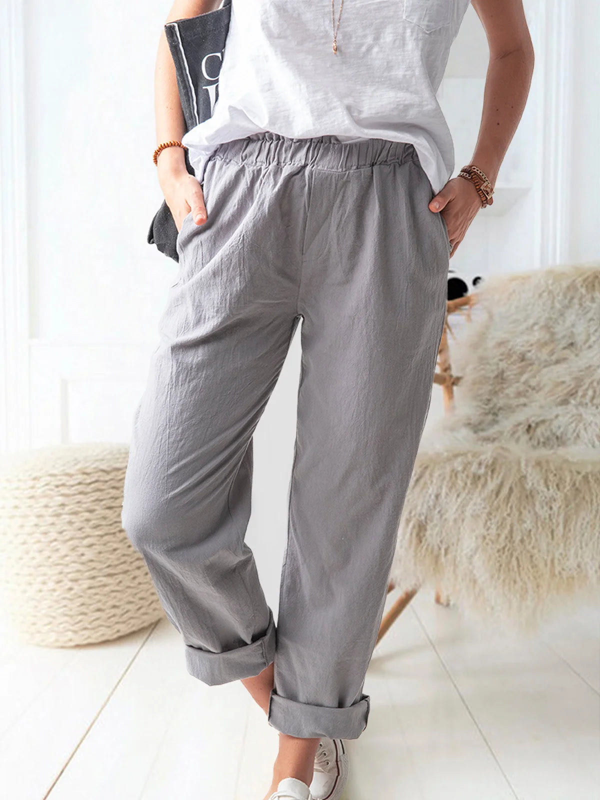 Elastic Waist Cotton Linen Loose Turnip Pants