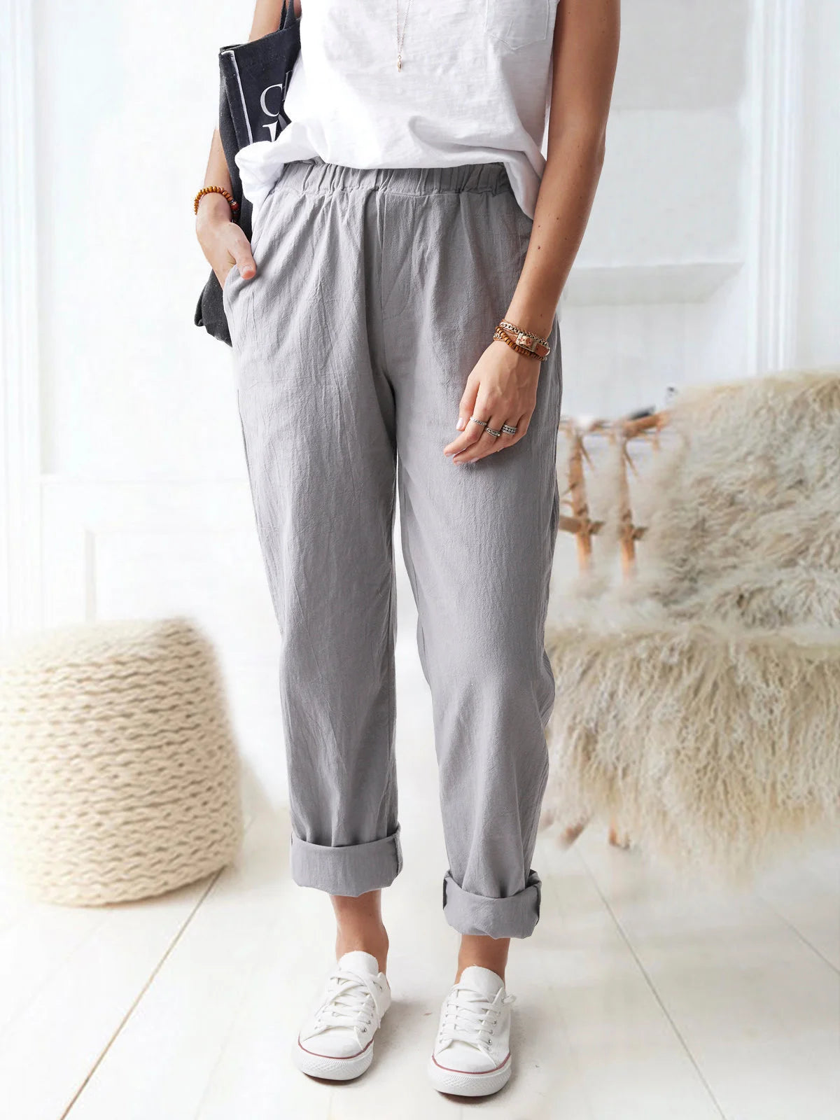 Elastic Waist Cotton Linen Loose Turnip Pants