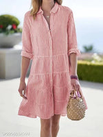 Striped Shawl Collar A-Line Midi Shirt Dress