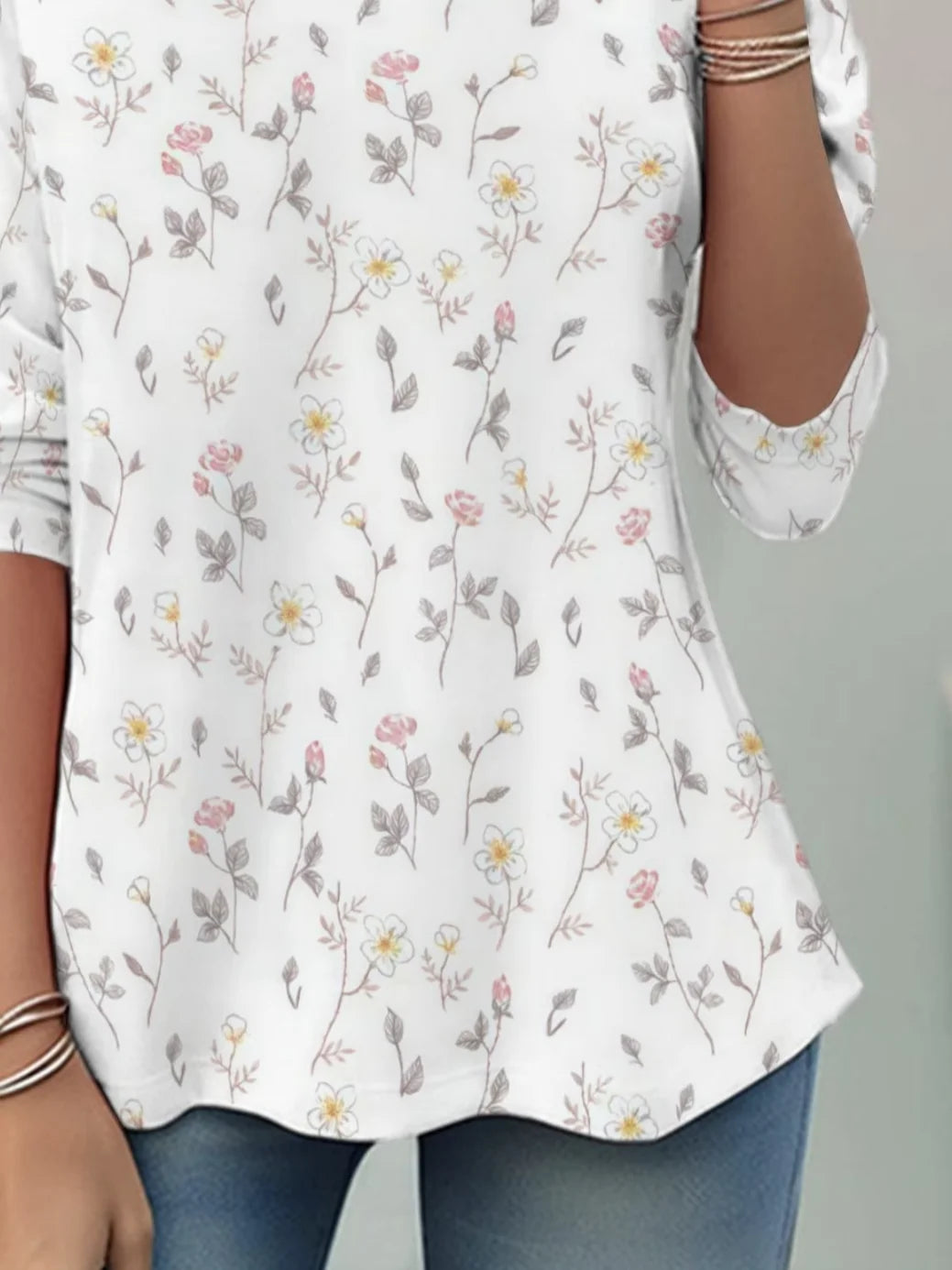 Floral Crew Neck Long Sleeve Tunic Top