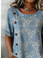 Vintage Floral Linen Blend Button Short Sleeve Top