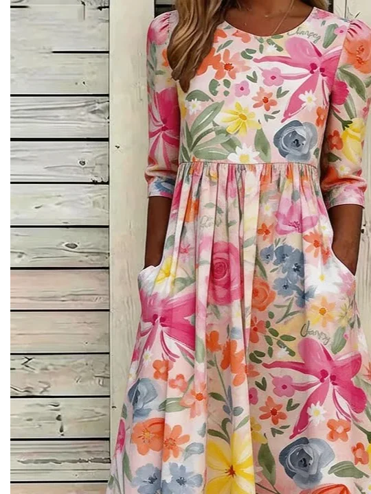 Floral Crew Neck Half Sleeve A-Line Maxi Dress